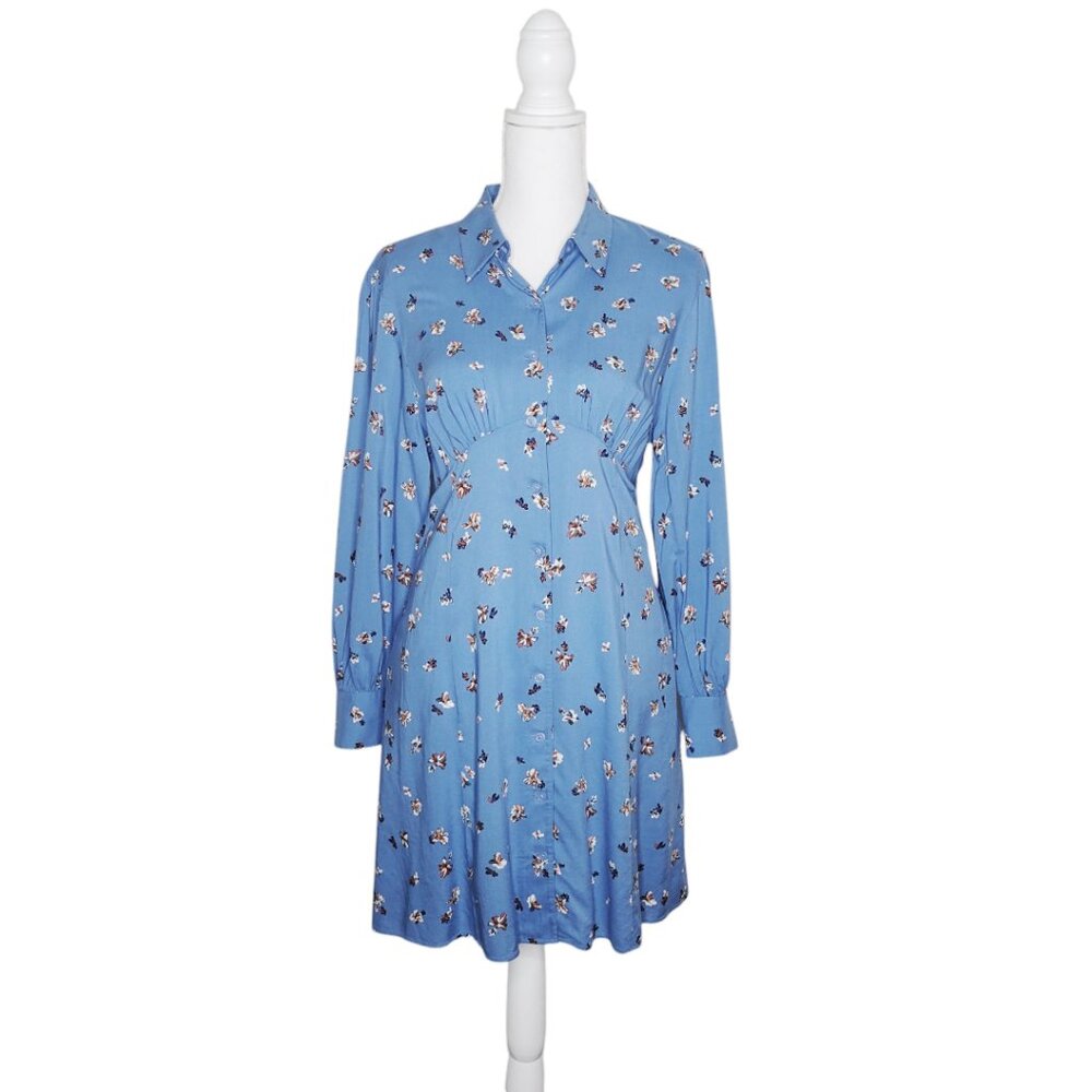 Uniqlo Blue Floral Long Sleeve Shirt Mini Short Dress Women's Size XS #3260